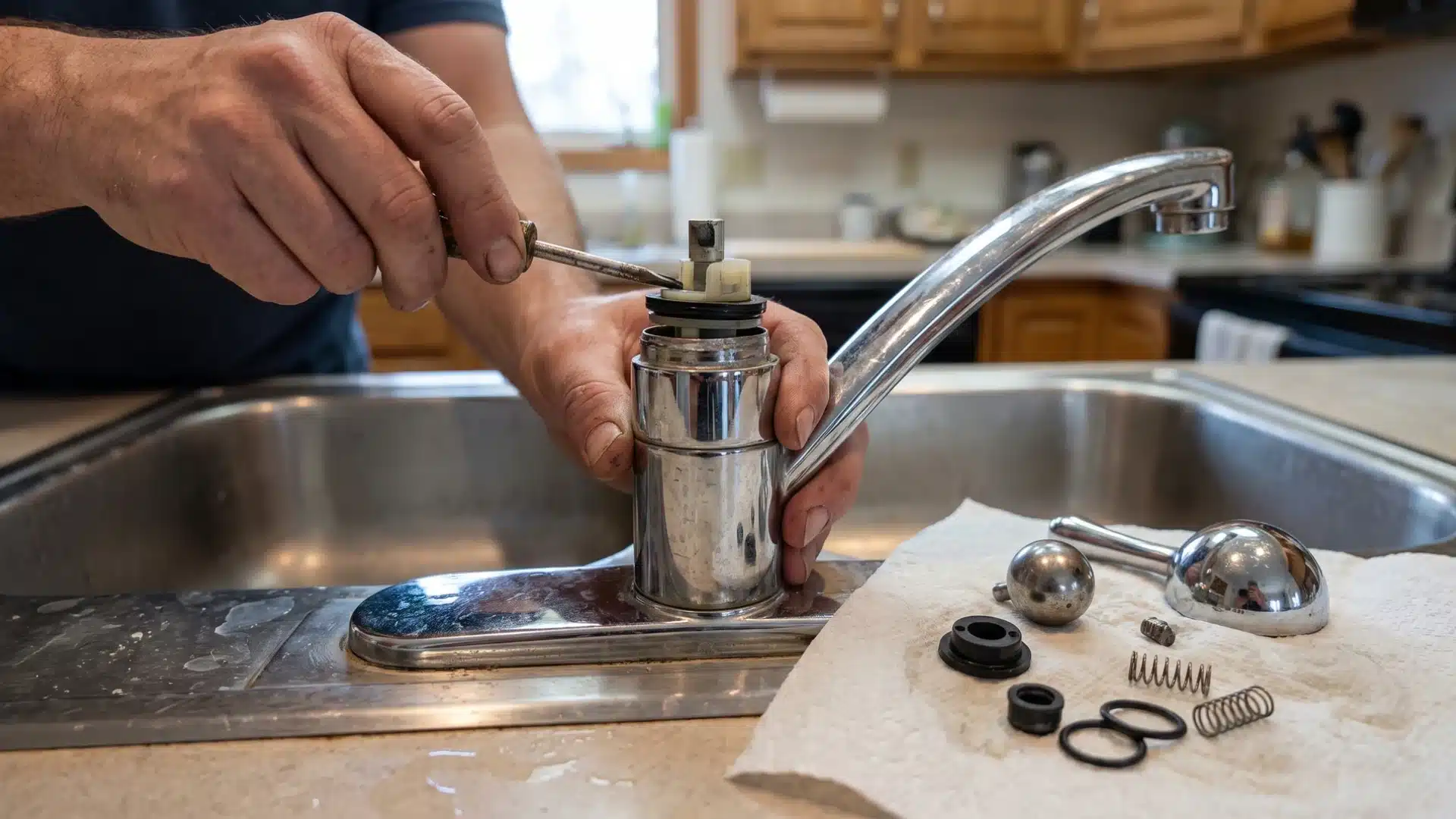 Kitchen ball faucet being repaired with the internal valve exposed and replacement parts beside the sink.