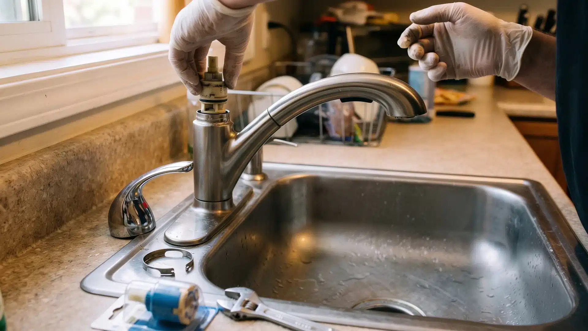 Single-handle kitchen faucet with the cartridge removed during a realistic faucet repair.