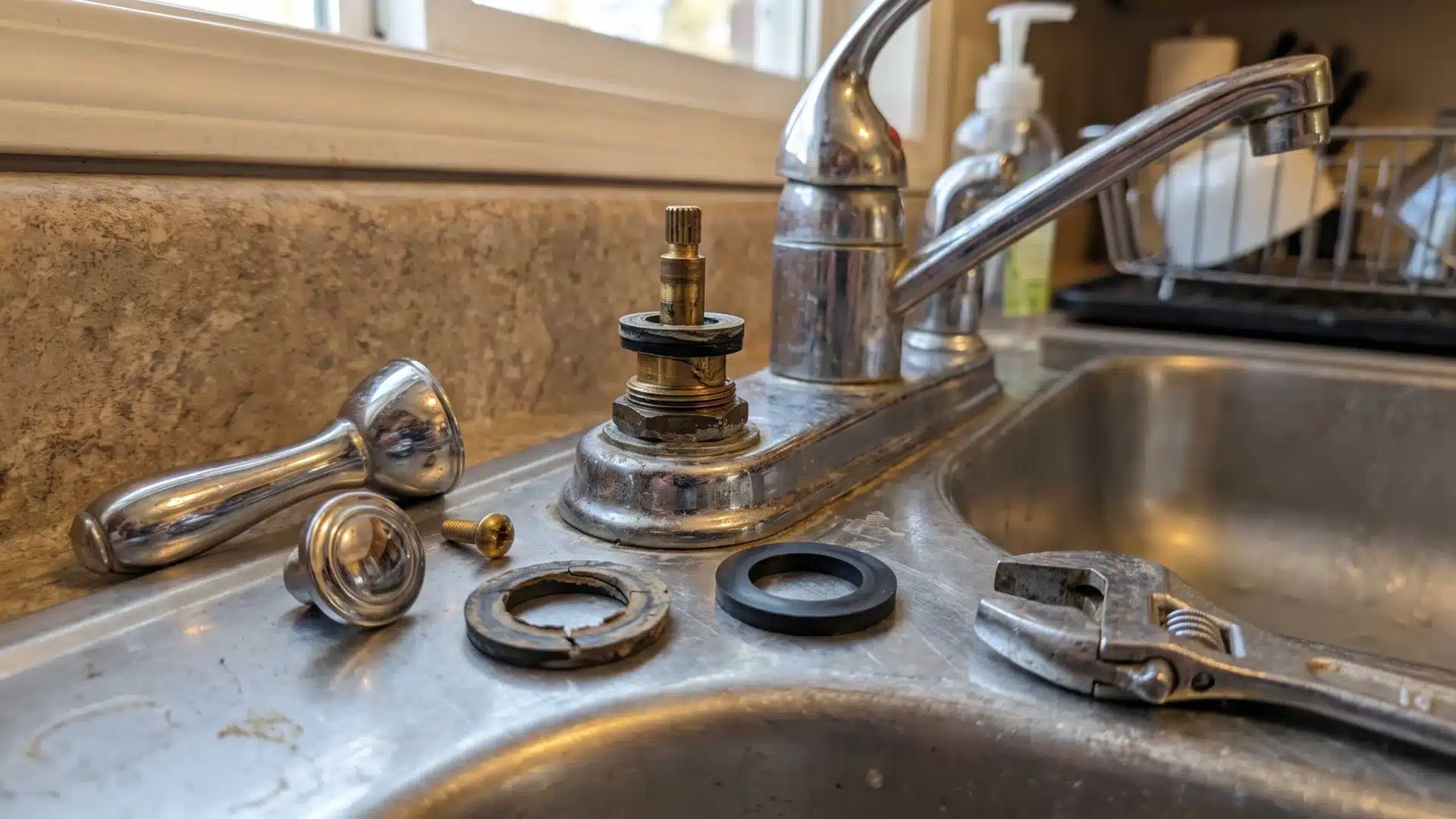 Two-handle compression faucet with the handle removed, exposing the stem and washer assembly.