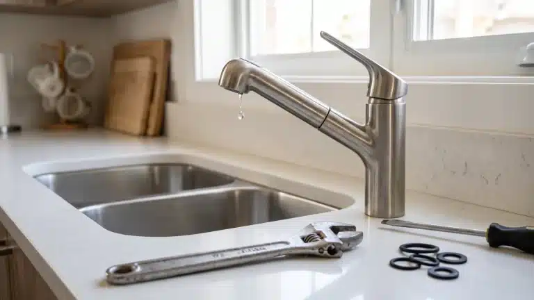 Leaky kitchen faucet dripping over a double-basin sink with repair tools and replacement washers nearby.