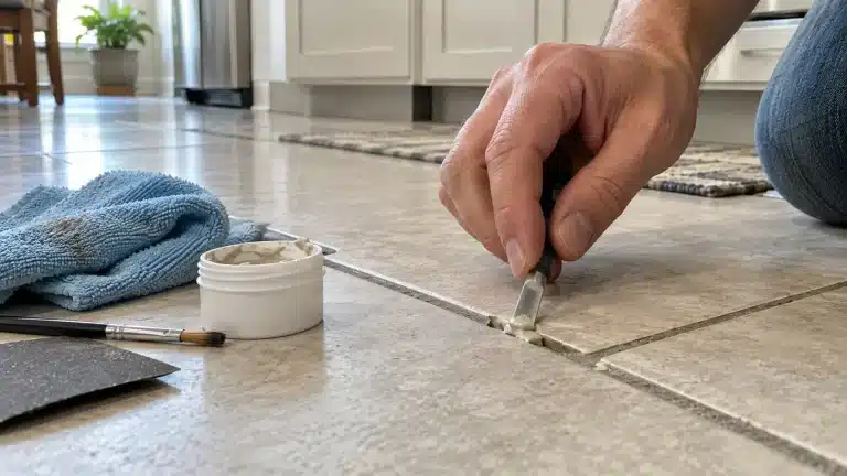 Hand applying repair filler to a chipped ceramic floor tile with a small tool beside basic repair supplies in a kitchen.