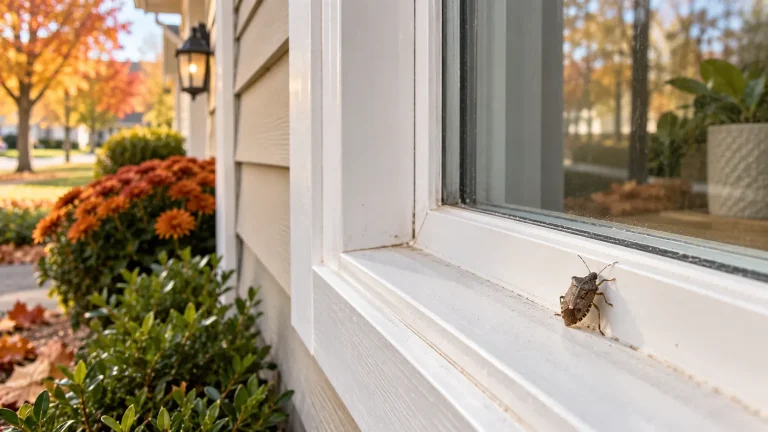 Stink bug resting on an exterior window frame of a home surrounded by autumn leaves and shrubs.