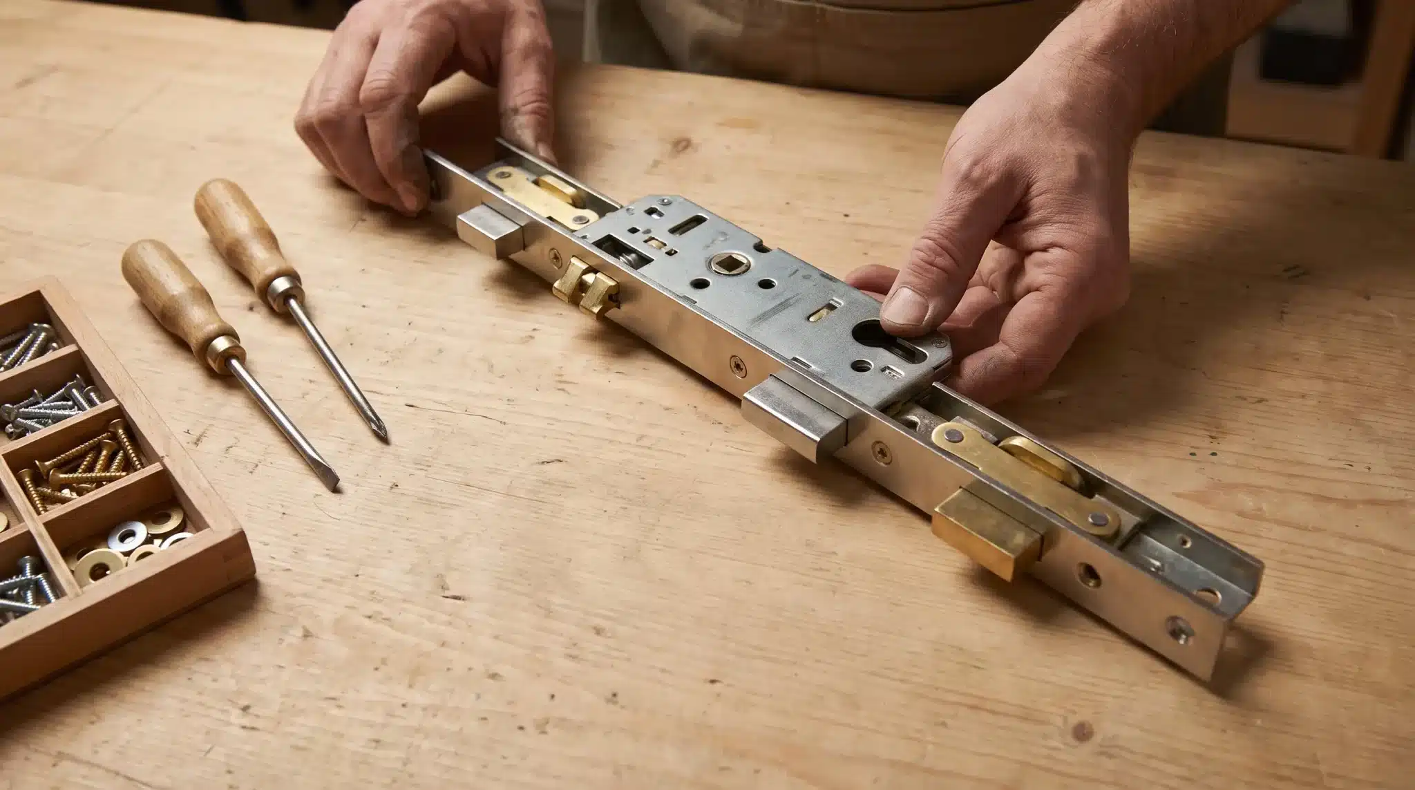 Hands assembling metal lock mechanism on wooden table with screwdrivers and box of screws