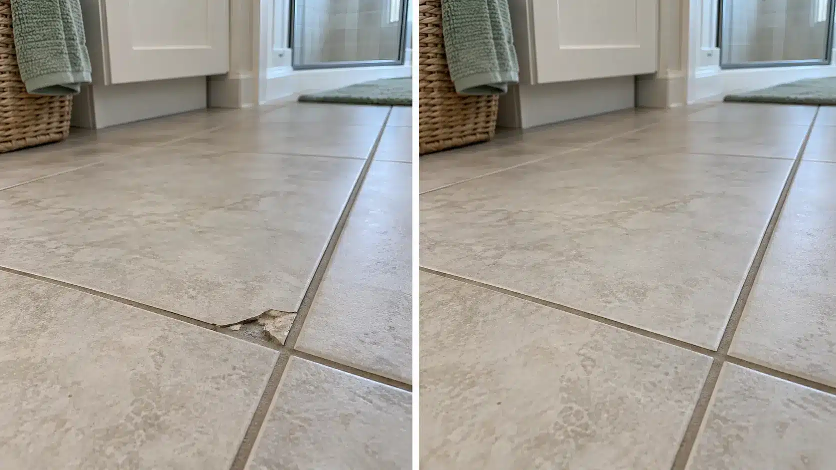 Side-by-side comparison showing a minor hairline crack repair on the left and a completely replaced floor tile on the right