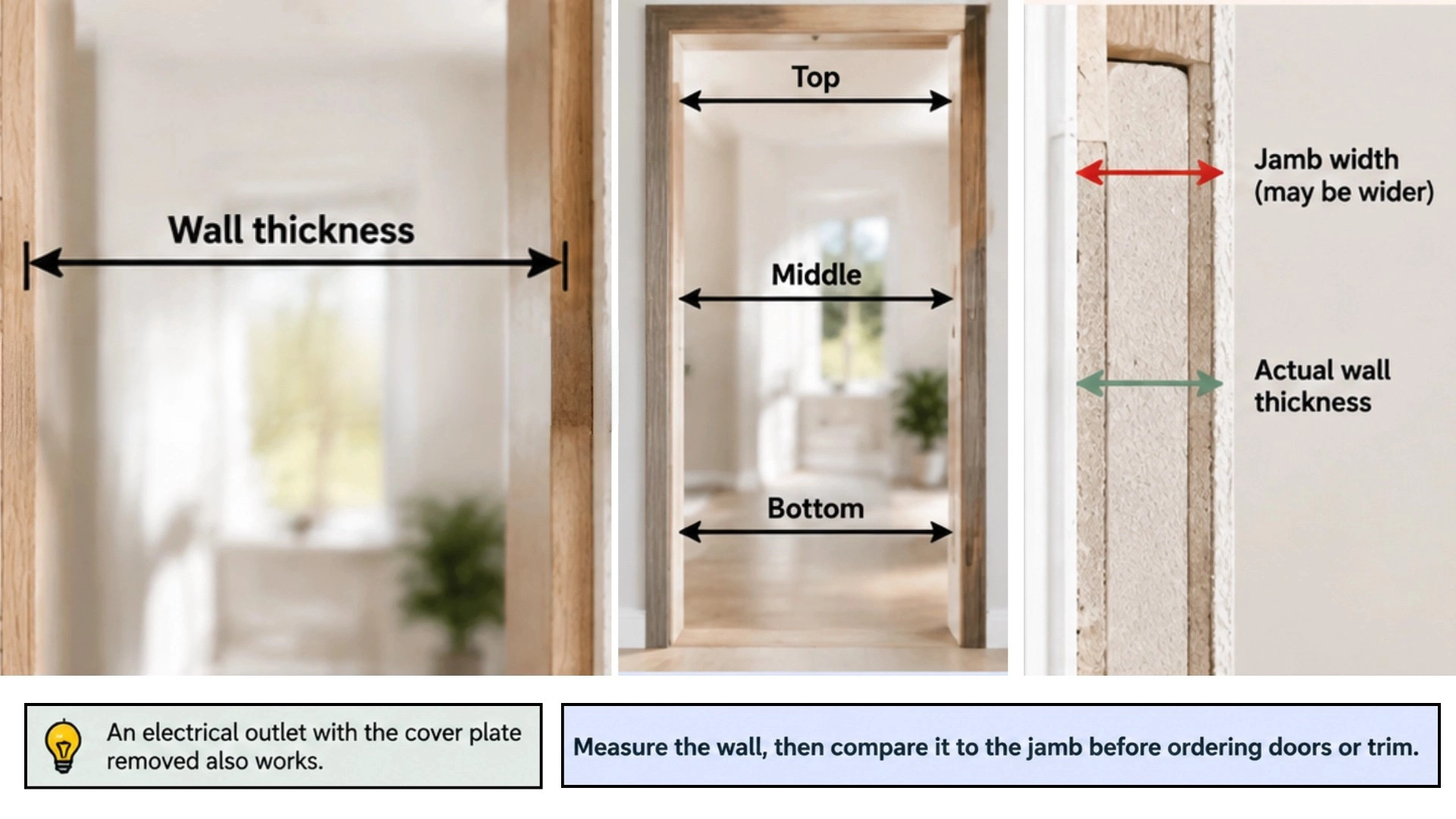 Measuring interior wall thickness at a doorway with a tape measure for accurate dimensions