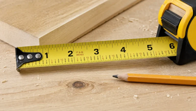 Yellow tape measure showing inch and fraction markings on a wooden workbench beside lumber and a pencil.