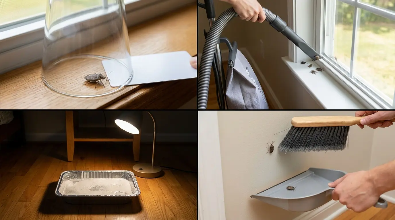 Four-panel collage showing safe ways to remove stink bugs indoors using a container, vacuum, soapy water trap, and brush with dustpan.