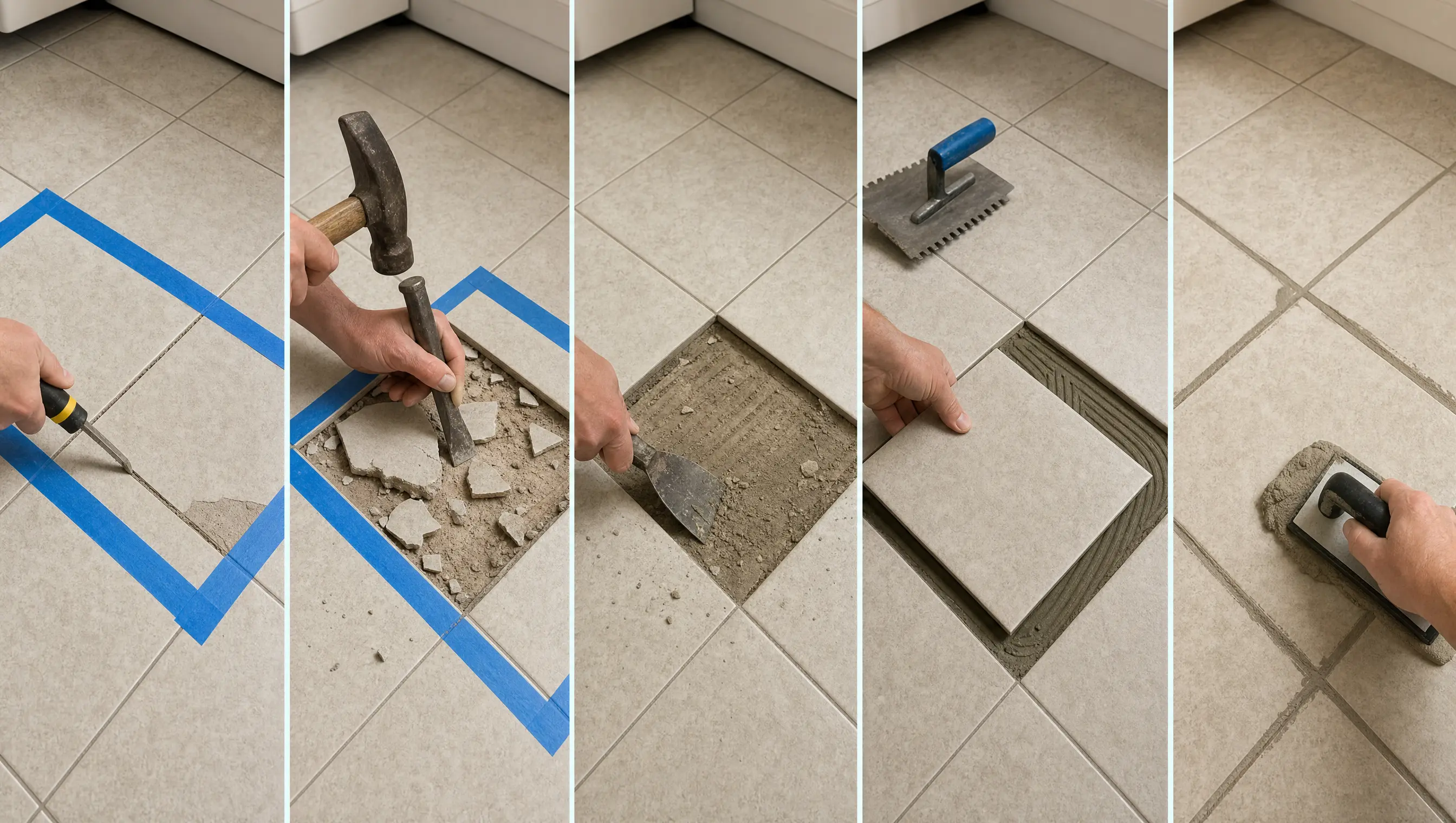 Five-step tile replacement process showing grout removal, broken tile removal, surface prep, new tile placement, and regrouting.