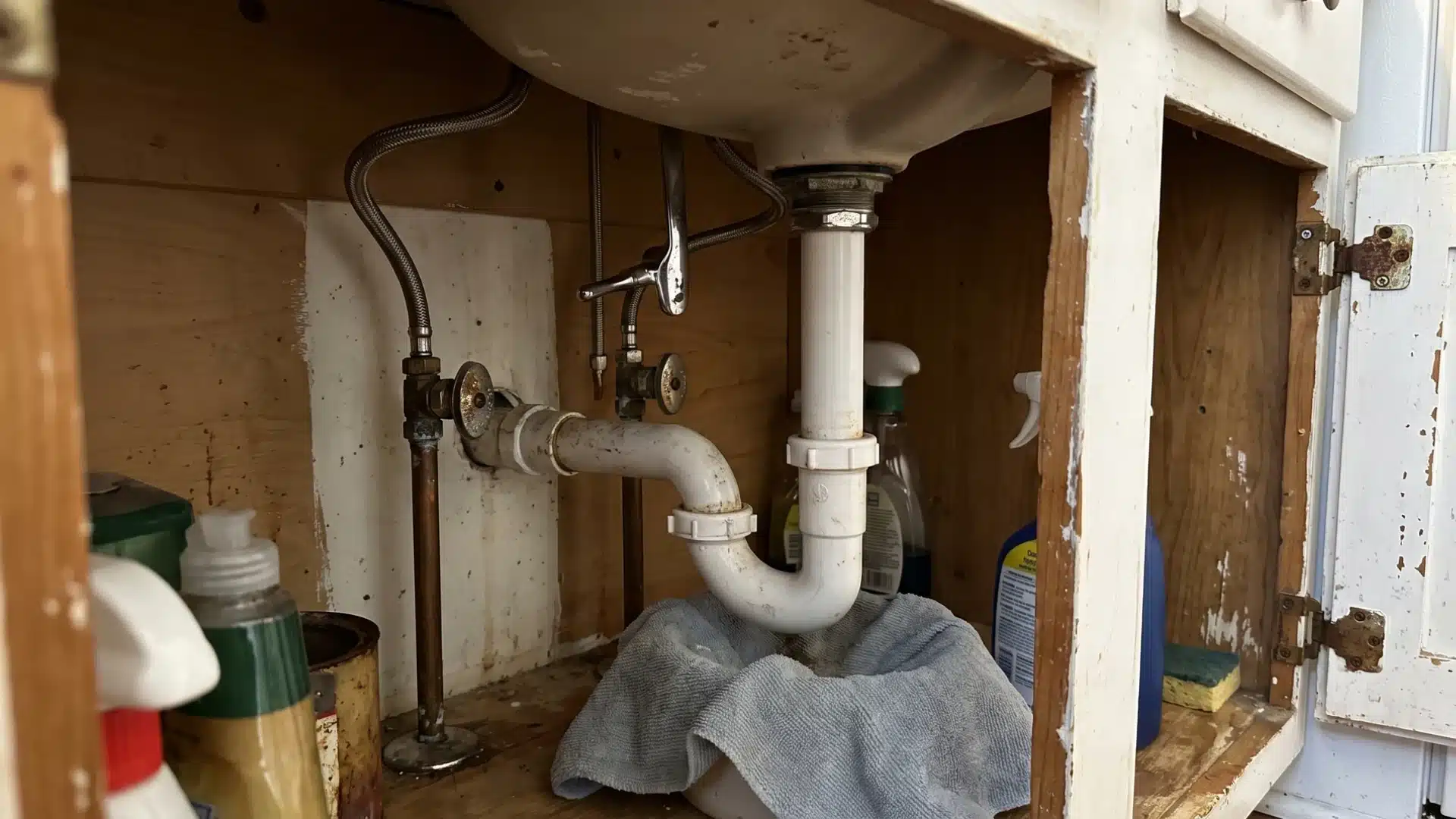 Under-sink shutoff valves and plumbing beneath a kitchen sink before faucet repair begins