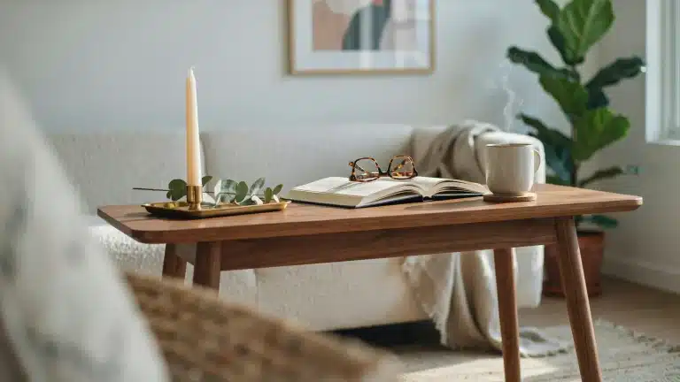Wooden coffee table styled with a candle, greenery, open book, glasses, and a steaming mug.