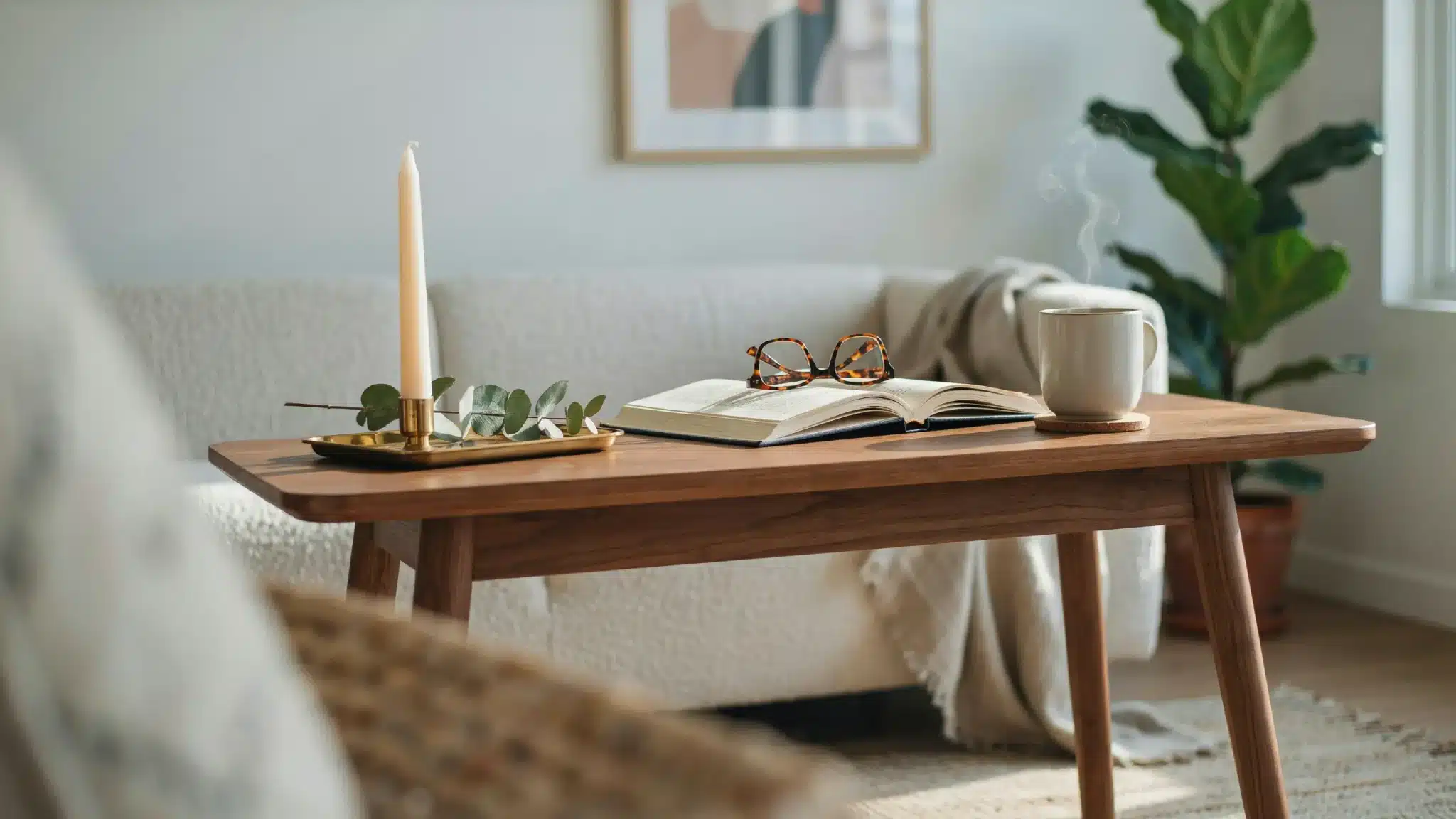 Wooden coffee table styled with a candle, greenery, open book, glasses, and a steaming mug.