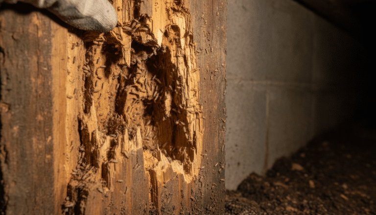 Wood damaged by termites with insects visible in a dimly lit basement setting