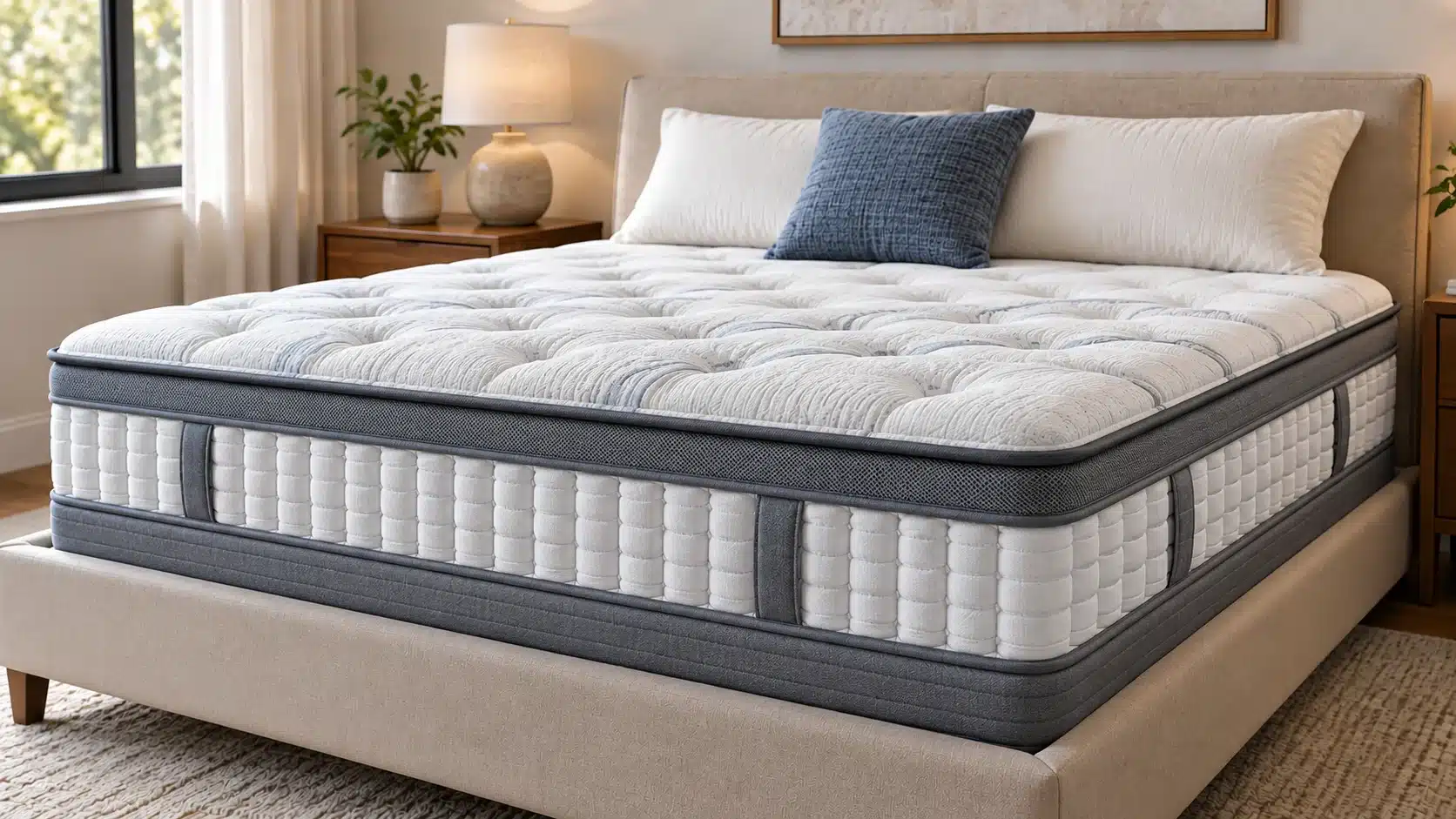 Hybrid mattress on a modern bed showing a plush quilted top and supportive coil-based construction