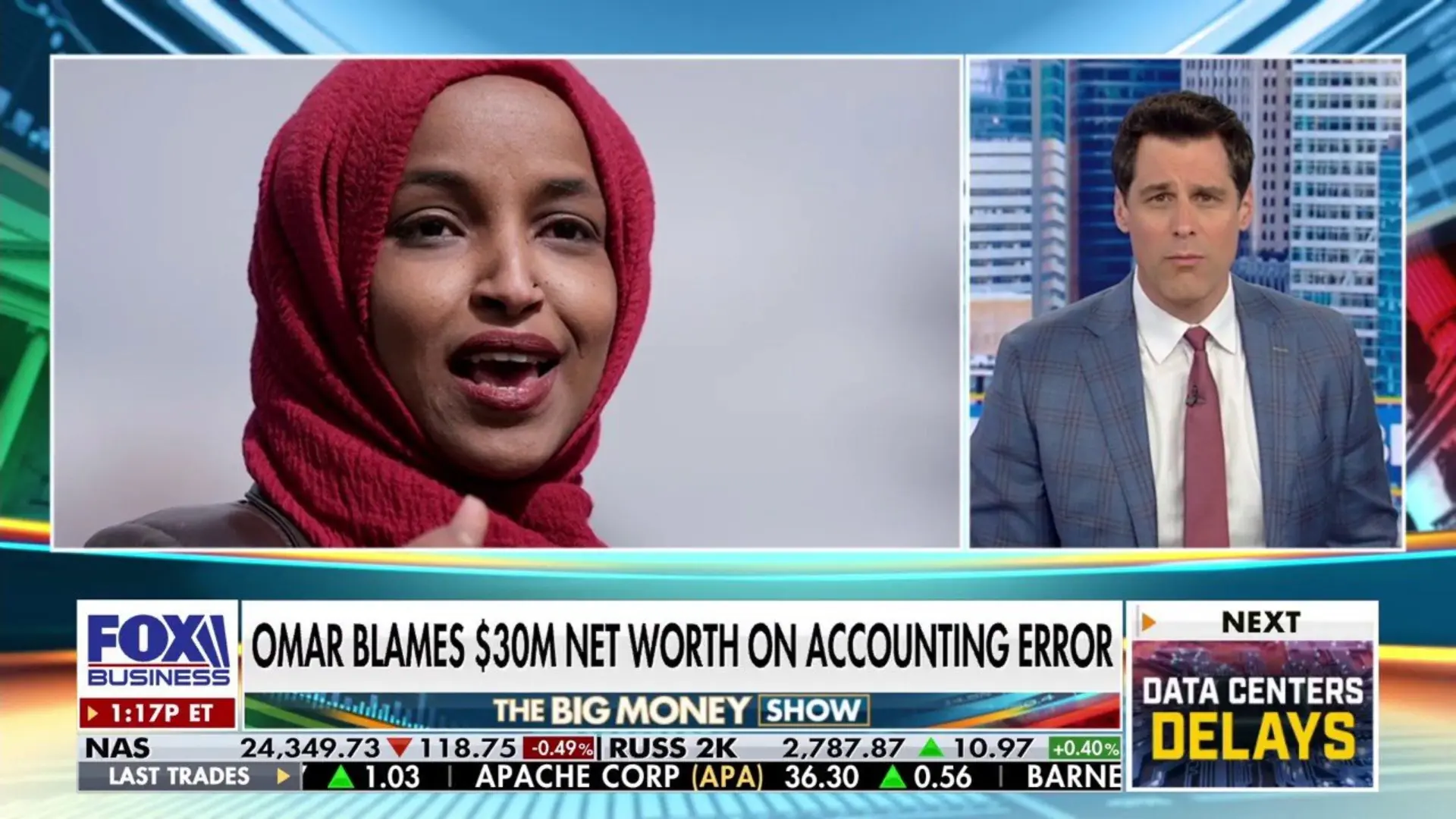 News segment graphics displaying Ilhan Omar's financial disclosure report and net worth valuation details