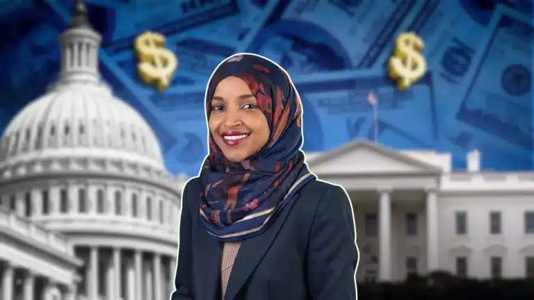 Ilhan Omar net worth illustration showing the congresswoman with U.S. Capitol and financial symbols in the background.