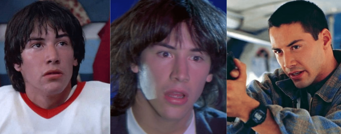 Three-panel collage of Keanu Reeves in Youngblood, Bill & Ted's Excellent Adventure, and Speed.