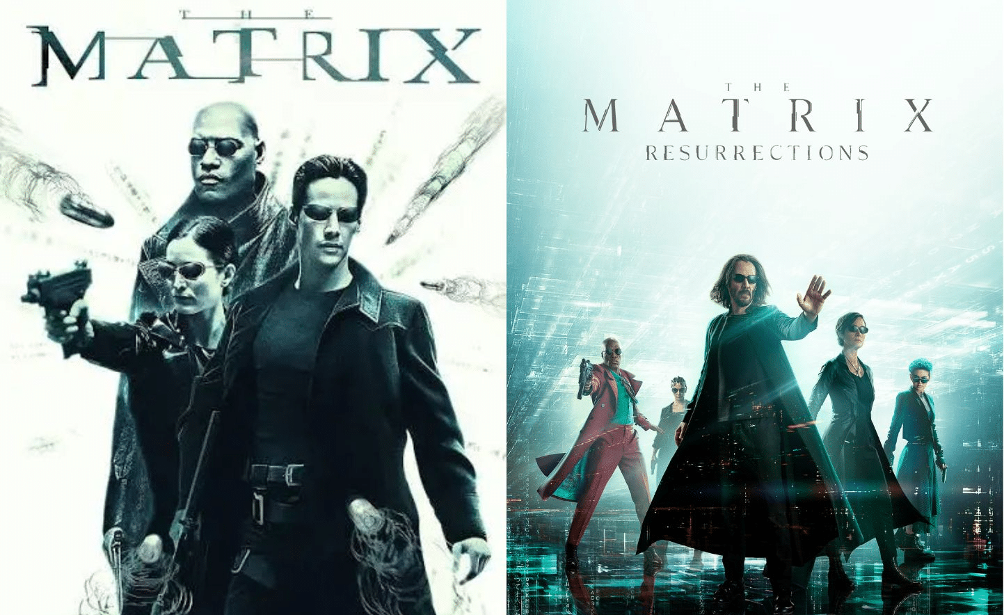 Side-by-side promotional posters of Keanu Reeves in The Matrix and The Matrix Resurrections.