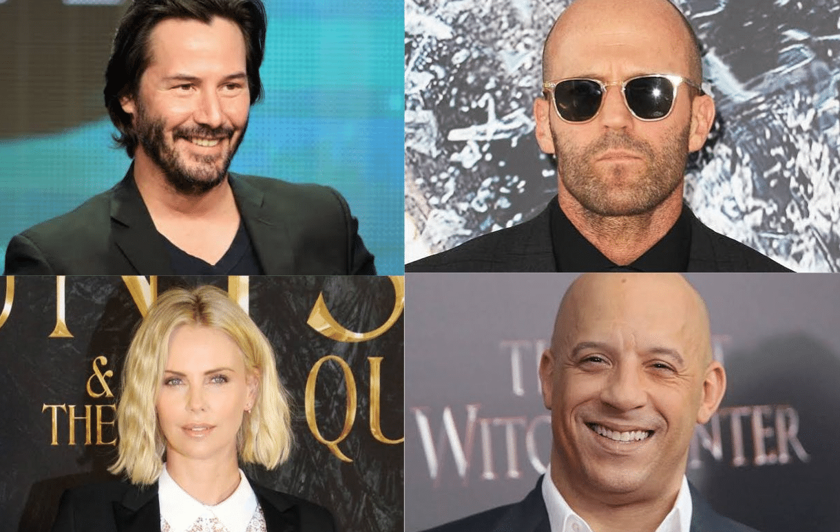 Four-panel grid featuring action stars Keanu Reeves, Jason Statham, Charlize Theron, and Vin Diesel.