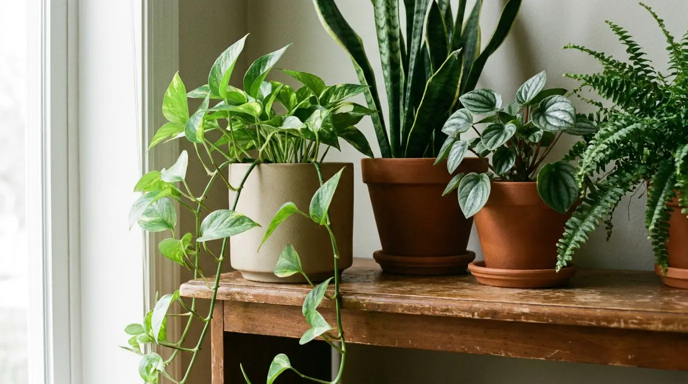 Houseplants in various pots on wooden shelf by bright window
