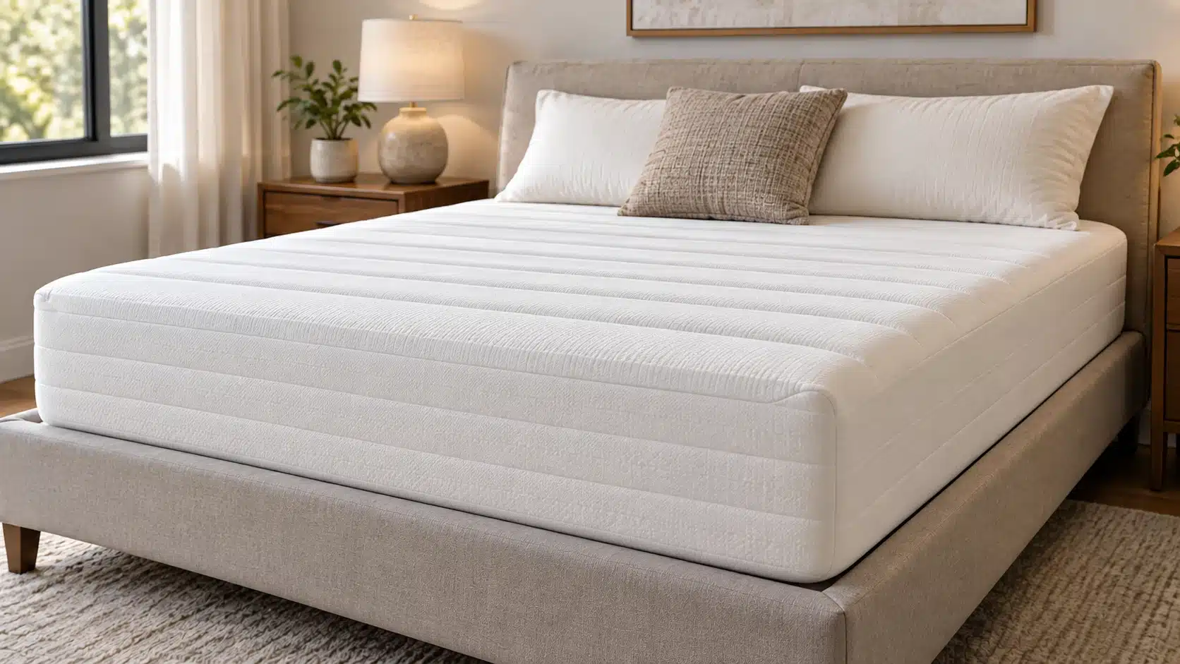 Innerspring mattress on a bedroom bed with a supportive quilted surface and classic coil-based construction