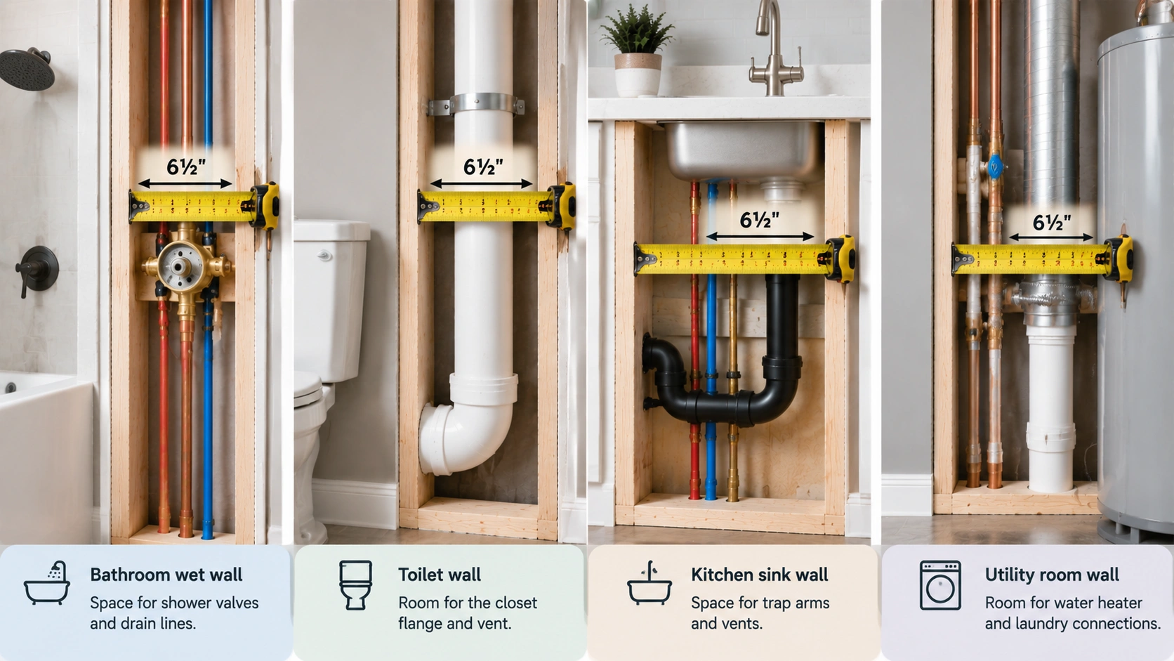2x6 plumbing wall showing 6½ inch thickness for bathroom, toilet, kitchen sink, and utility connections