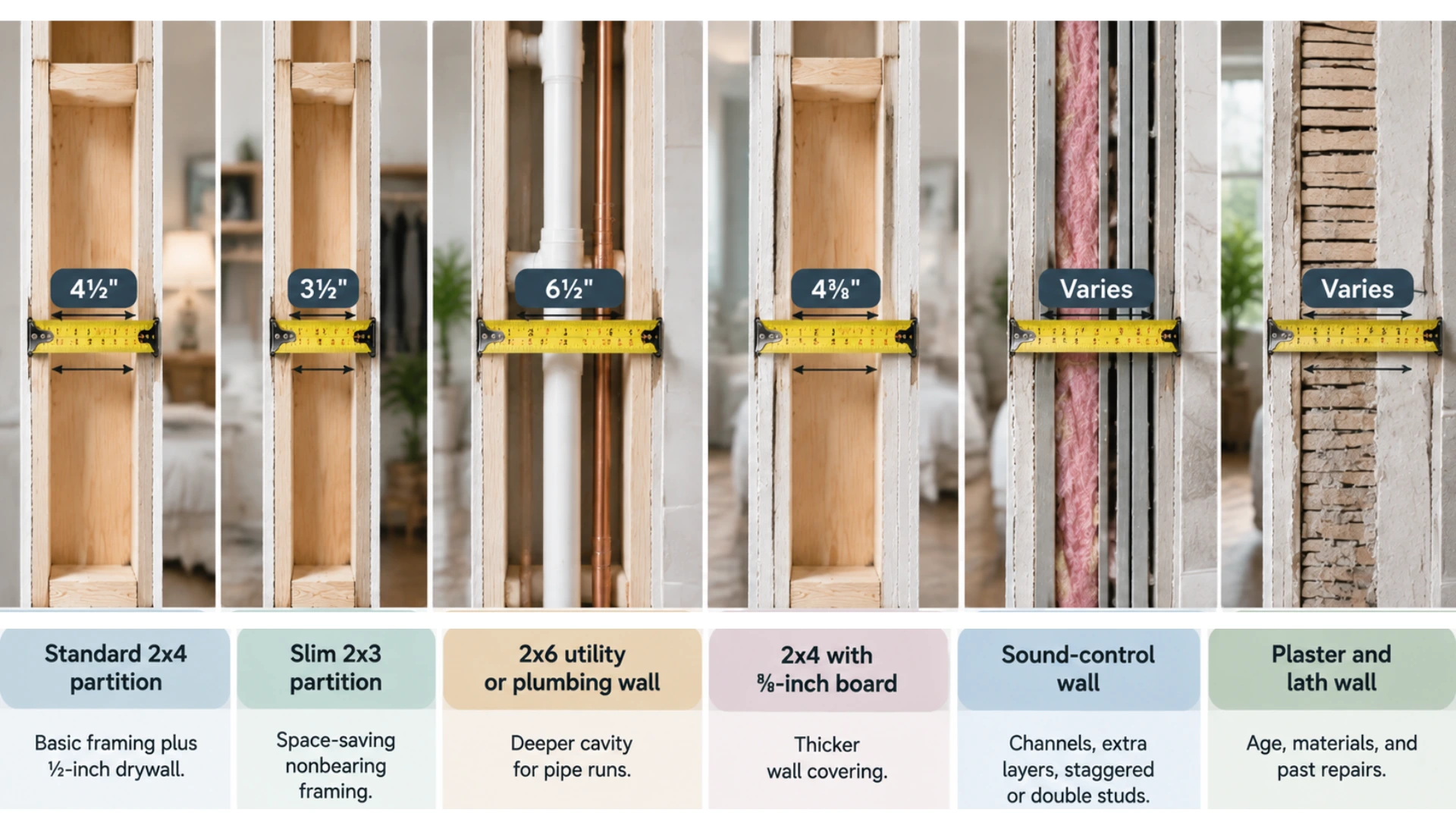 Interior wall thickness comparison showing 2x4, 2x3, plumbing, sound-control, and plaster wall measurements