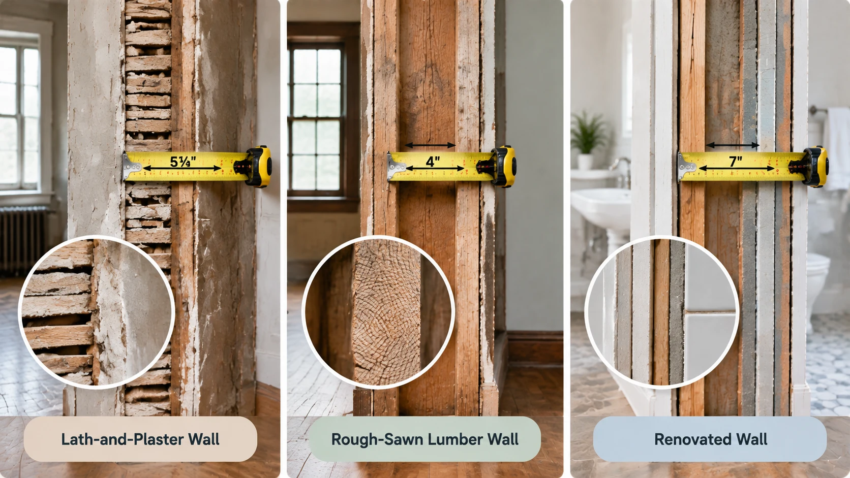 Older home wall thickness comparison showing lath plaster, rough-sawn lumber, and renovated layered walls