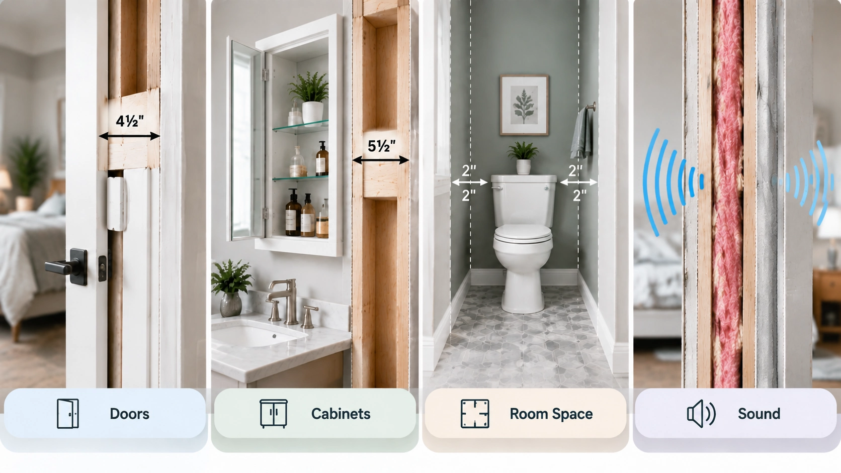 Interior wall thickness impact on doors, cabinets, room space, and sound control during home renovation