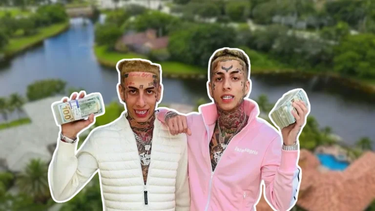 The Island Boys holding stacks of cash in front of a blurred waterfront mansion.