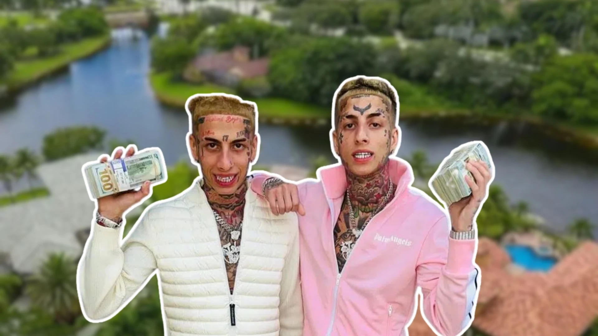 The Island Boys holding stacks of cash in front of a blurred waterfront mansion.