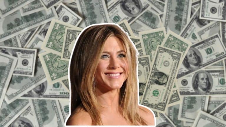 Jennifer Aniston portrait with U.S. dollar bills symbolizing her net worth and financial success.