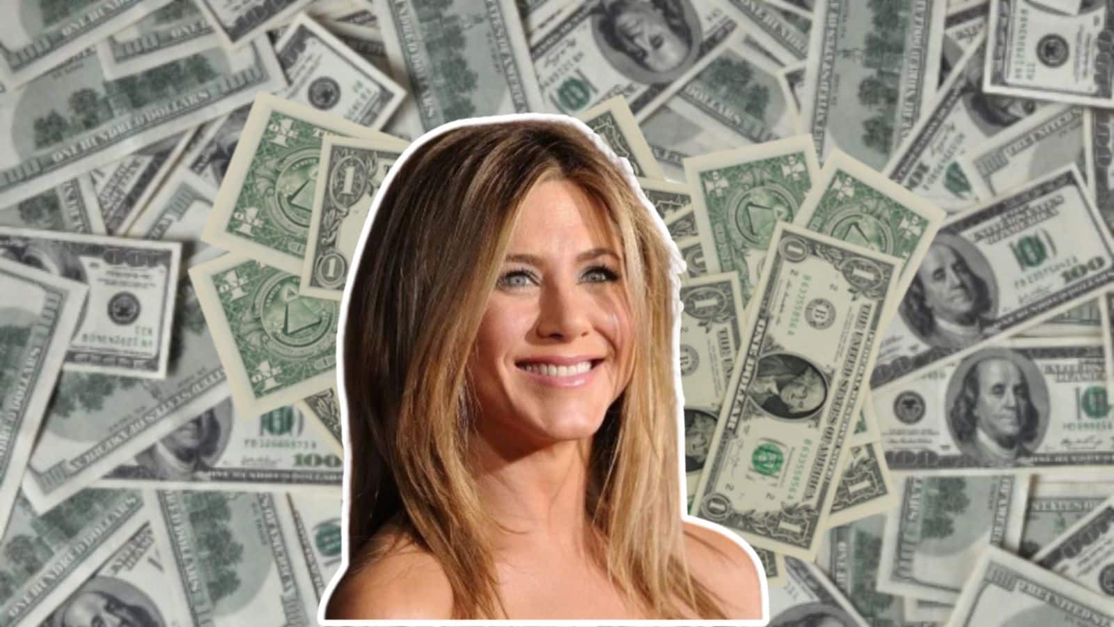 Jennifer Aniston portrait with U.S. dollar bills symbolizing her net worth and financial success.