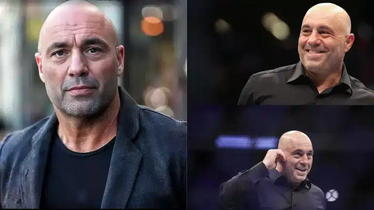Collage of Joe Rogan in a black shirt, featuring close-up portraits and appearances on stage at live events.