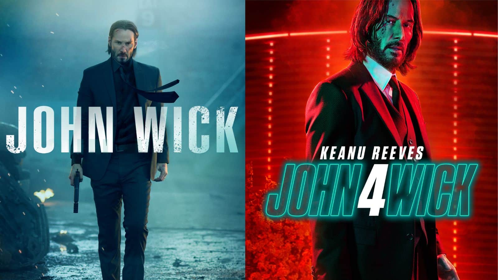 Side-by-side promotional posters of Keanu Reeves in John Wick and John Wick: Chapter 4.