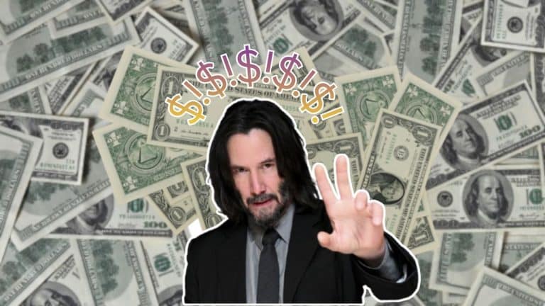 Keanu Reeves posing in front of scattered dollar bills, making a hand gesture with money symbols floating above his head.