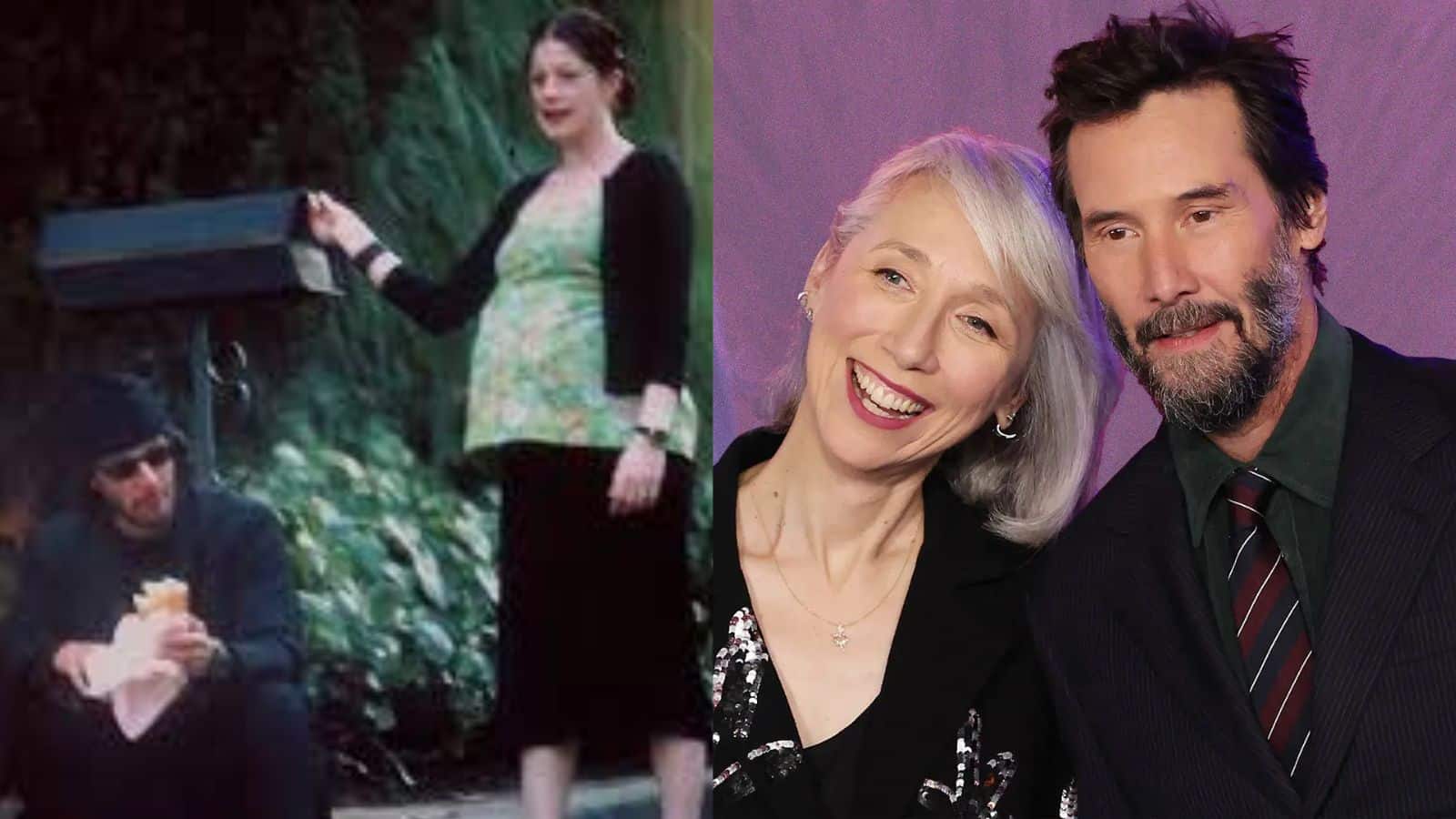 Two-panel photo of Jennifer Syme with Keanu Reeves alongside Keanu Reeves with Alexandra Grant.