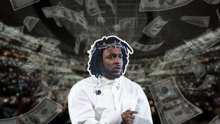 Kendrick Lamar featured in a net worth graphic representing his music career and financial success.
