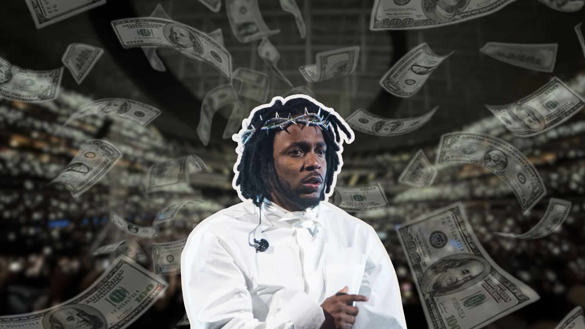 Kendrick Lamar featured in a net worth graphic representing his music career and financial success.