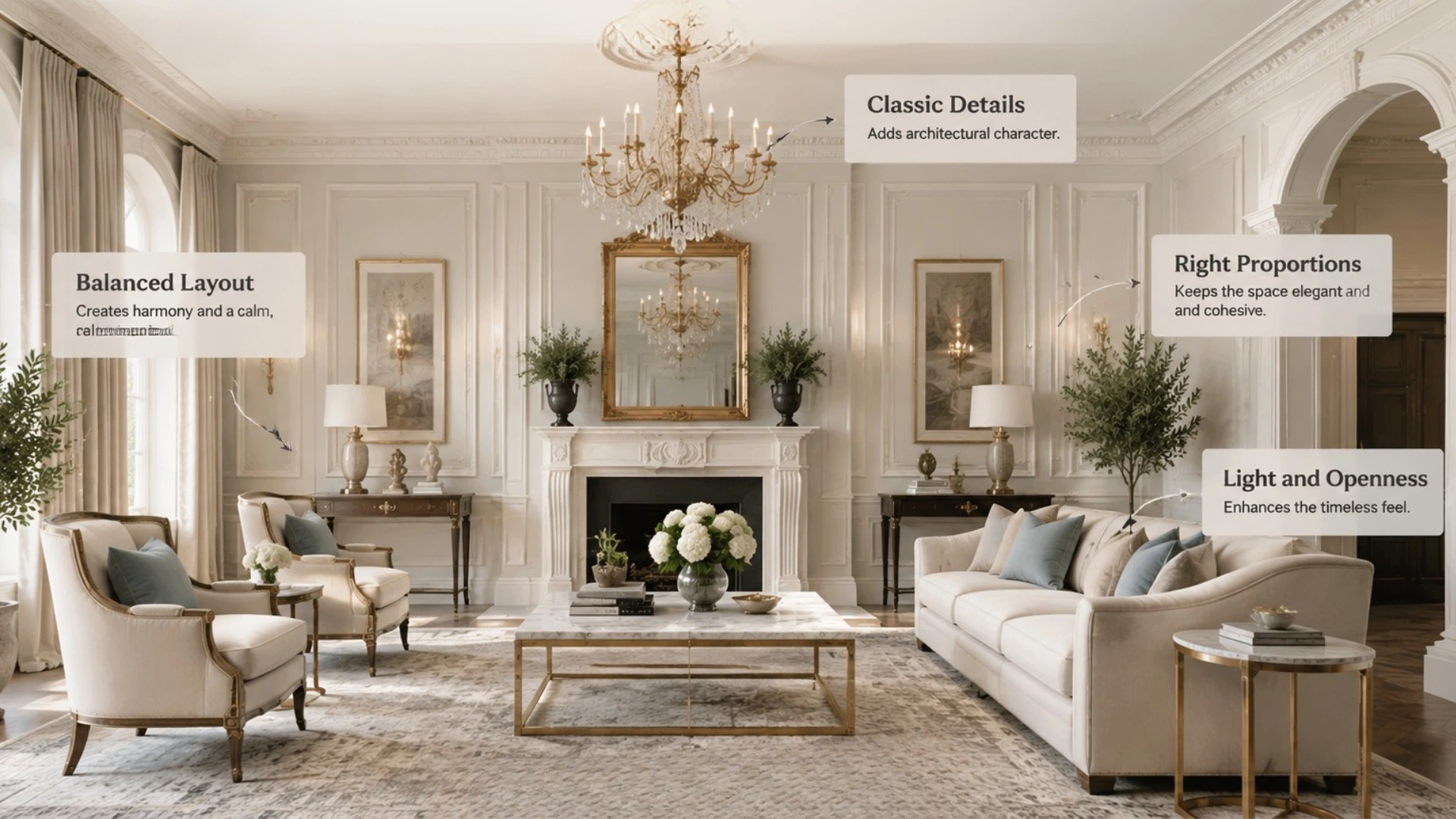 Neoclassical living room showing symmetry, architectural details, balanced proportions, and open elegant styling elements