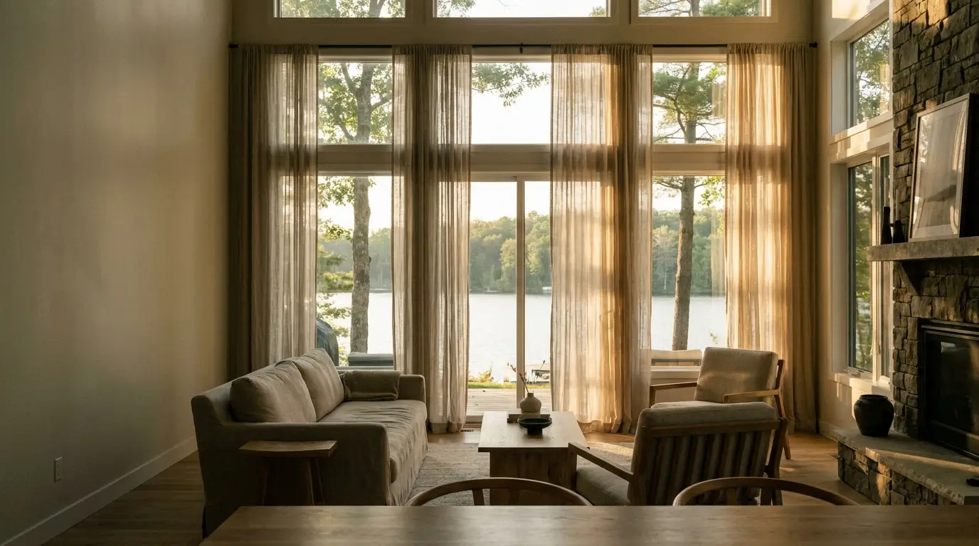 Cozy living room with beige sofa and armchairs overlooking lake through large windows