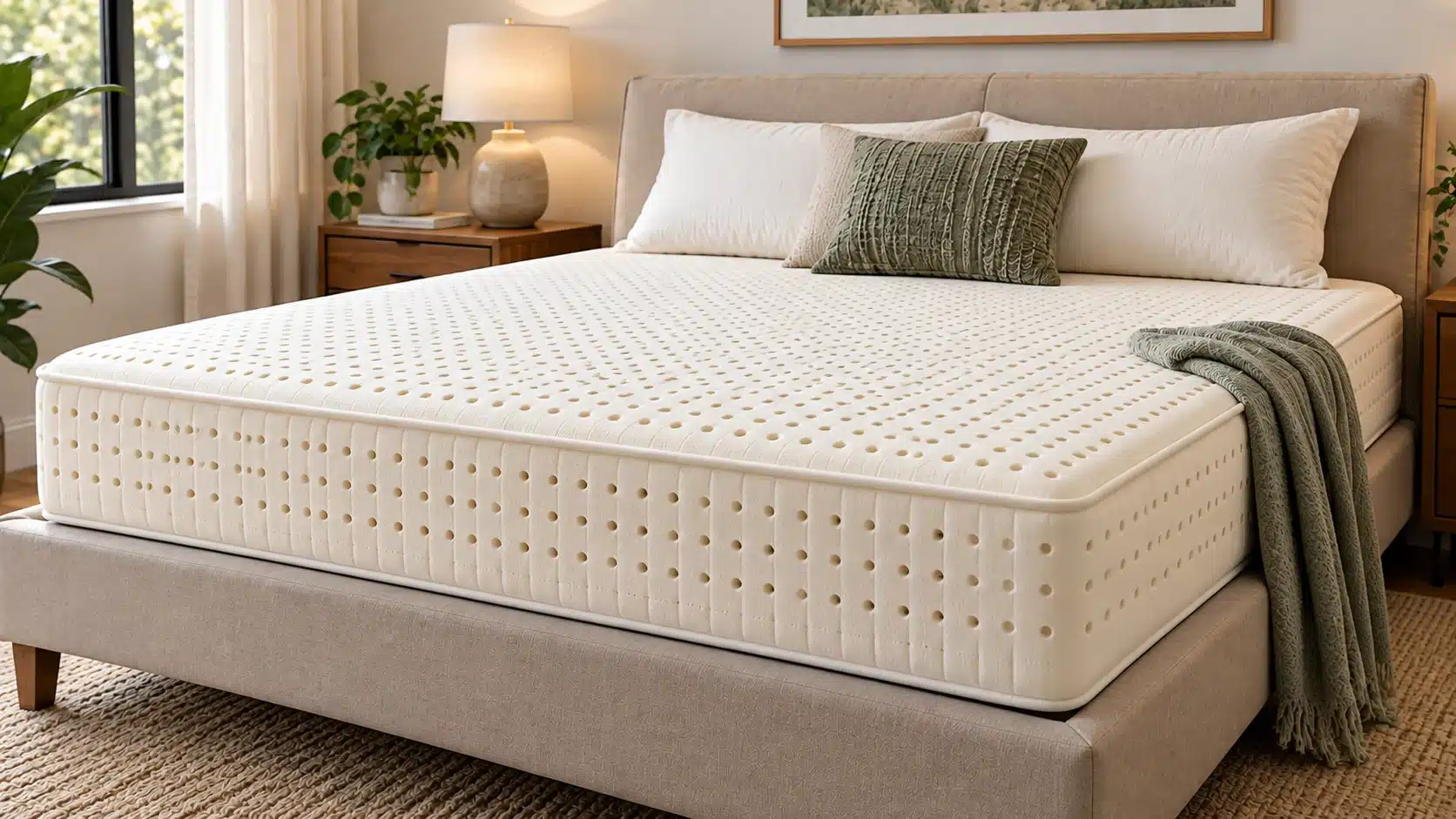 Latex mattress on a modern bed with a perforated surface, neutral bedding, and warm natural bedroom lighting