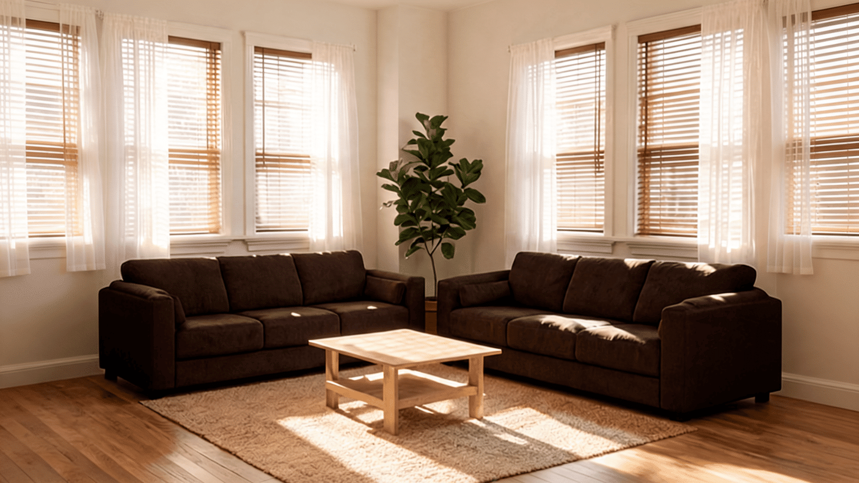 Sunlit morning room with layered sheer curtains and blinds over large windows next to comfortable seating.
