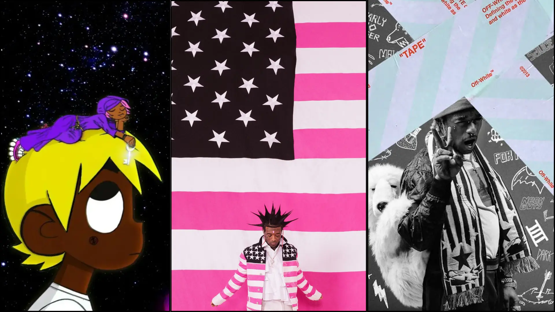 Lil Uzi Vert artwork collage featuring animated character, pink American flag design, and black-and-white portrait imagery.