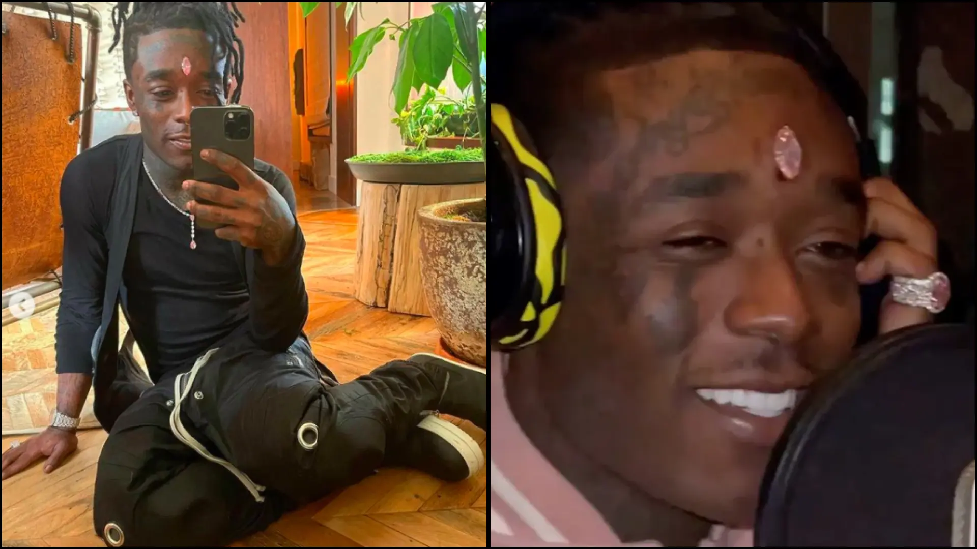 Lil Uzi Vert photos showing the rapper posing for a mirror selfie and recording music in a studio.