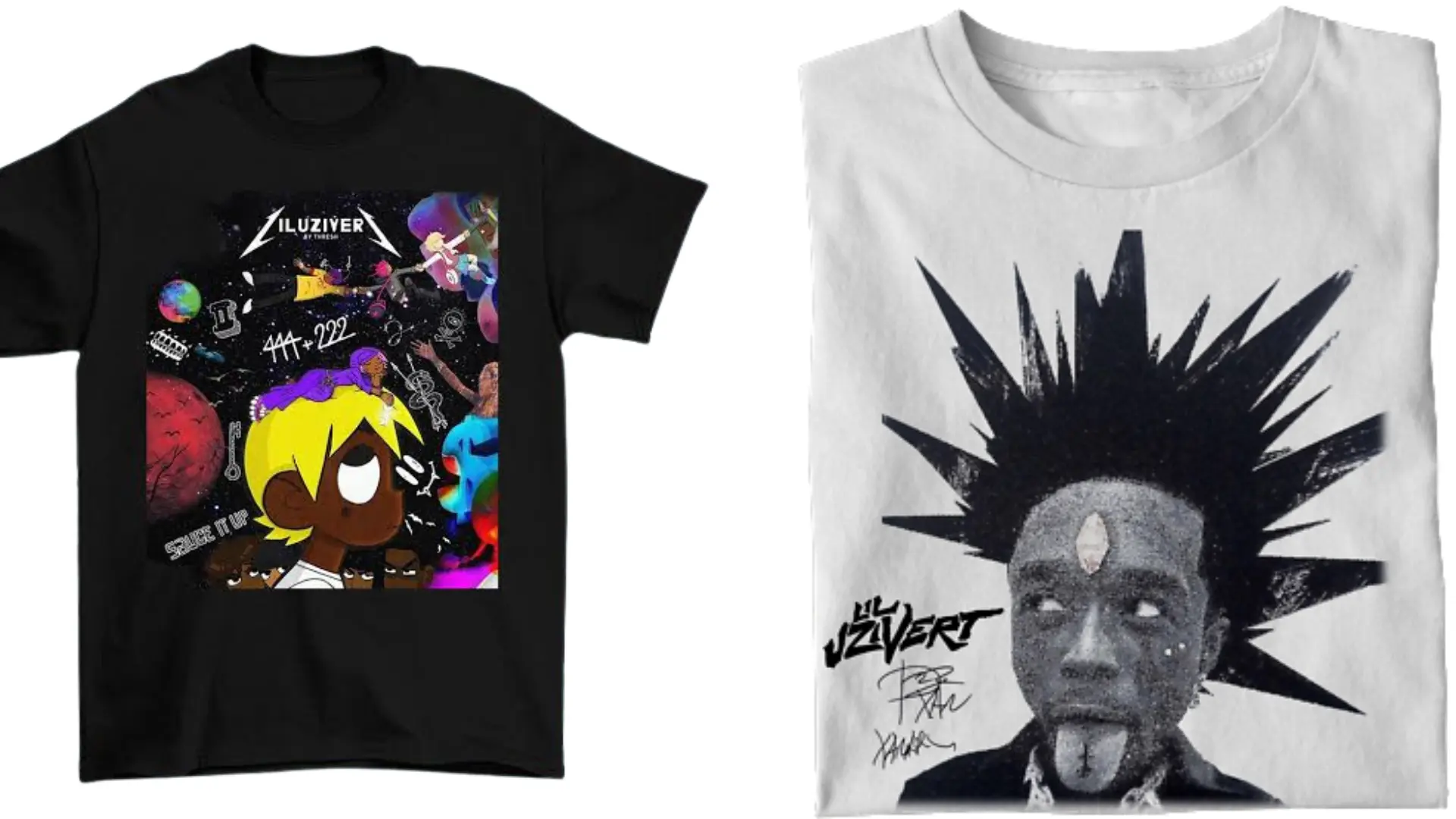 Lil Uzi Vert merchandise collection featuring graphic T-shirts with album artwork and artist designs.