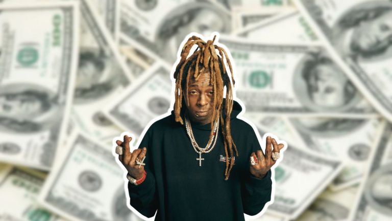 Lil Wayne standing against a background of dollar bills representing his net worth.