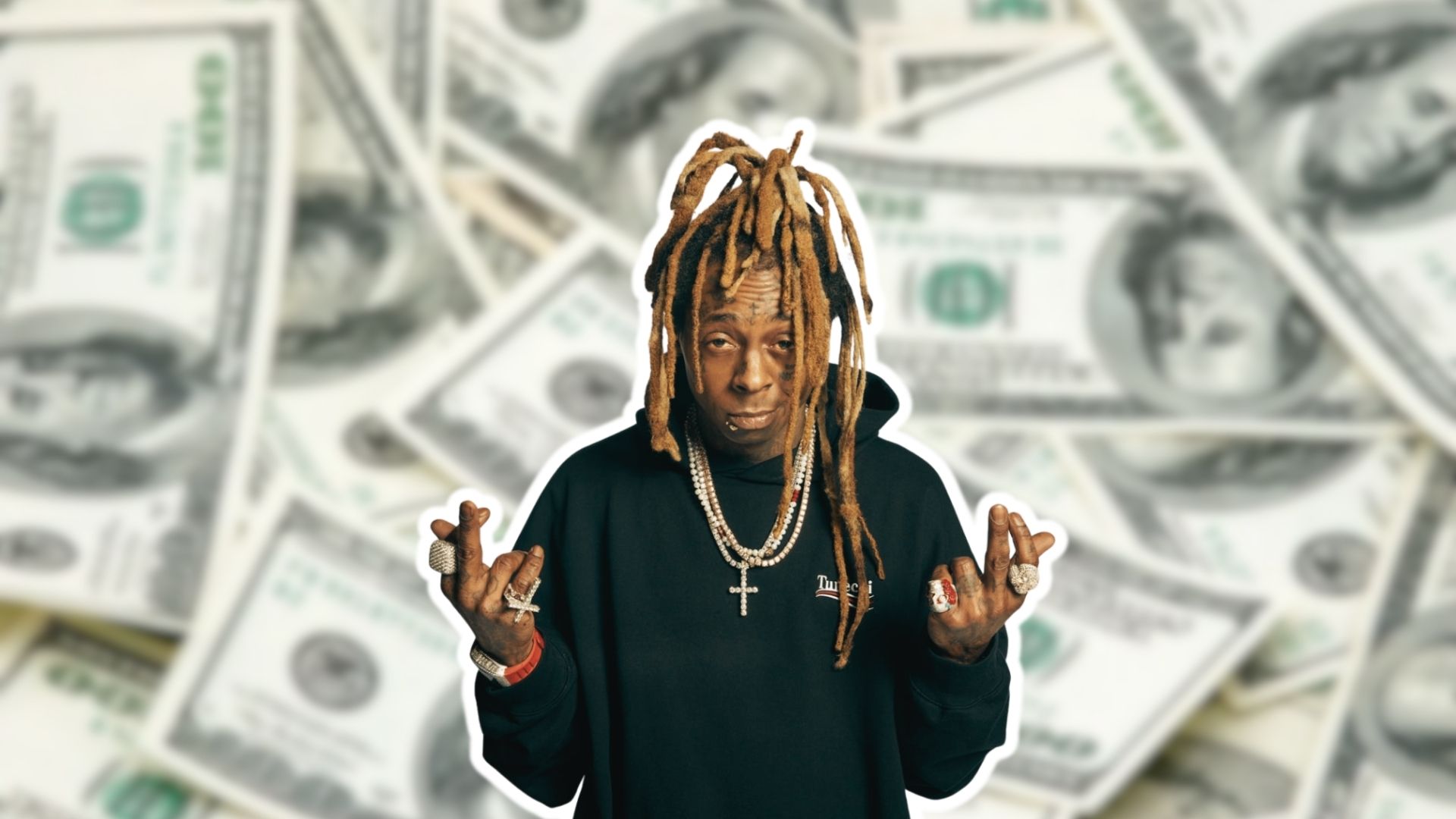 Lil Wayne standing against a background of dollar bills representing his net worth.