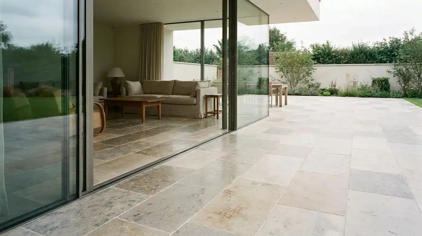 Open-plan living room with beige sofa and sliding glass doors to patio with lush garden