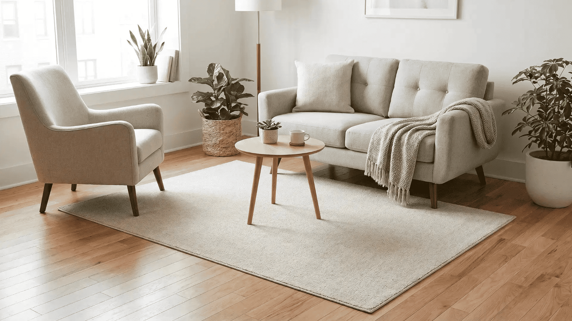 Living room rug size showing an area rug placed under a sofa, chair, and coffee table