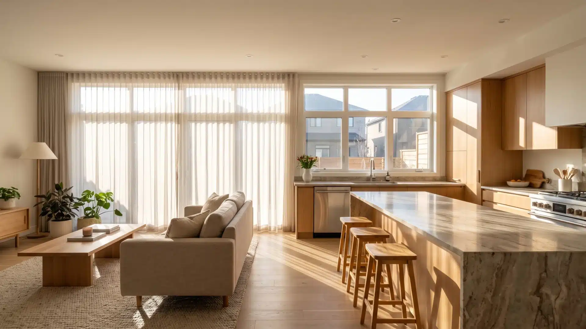 South-facing windows brighten a modern living room and kitchen with natural daylight.